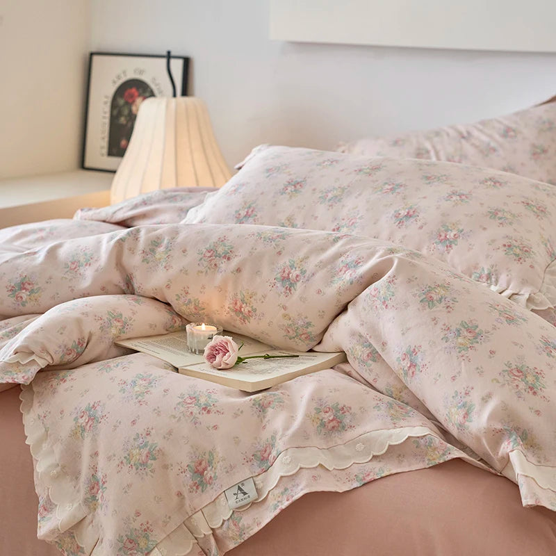 Cyflymder  Vintage French Country Rustic Style Floral Bedding Set 100% Cotton Double Layer Crinkle Yarn Duvet Cover Bed Sheet Pillowcases