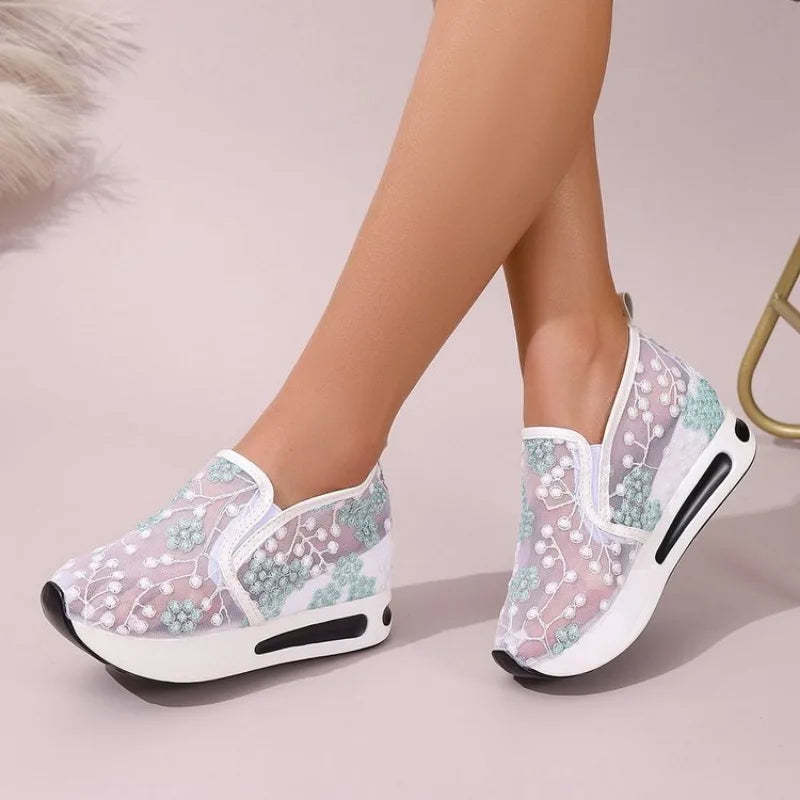 Cyflymder  Women'S Sneakers Ladies Fashion Breathable Lace Mesh Flower Embroidery Round Head Thick Bottom Women'S Summer Footwear