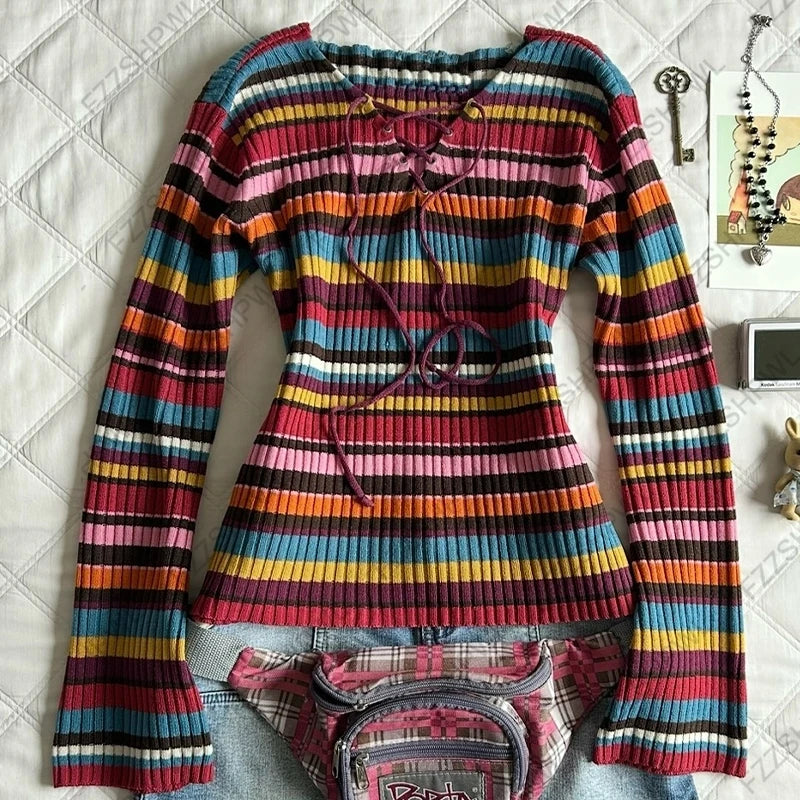 Cyflymder  Harajuku Womens Sweater Y2K Street Style Color Stripes Fashion Retro Aesthetic Grunge Emotional Girls V-Neck Sexy Casual Sweater