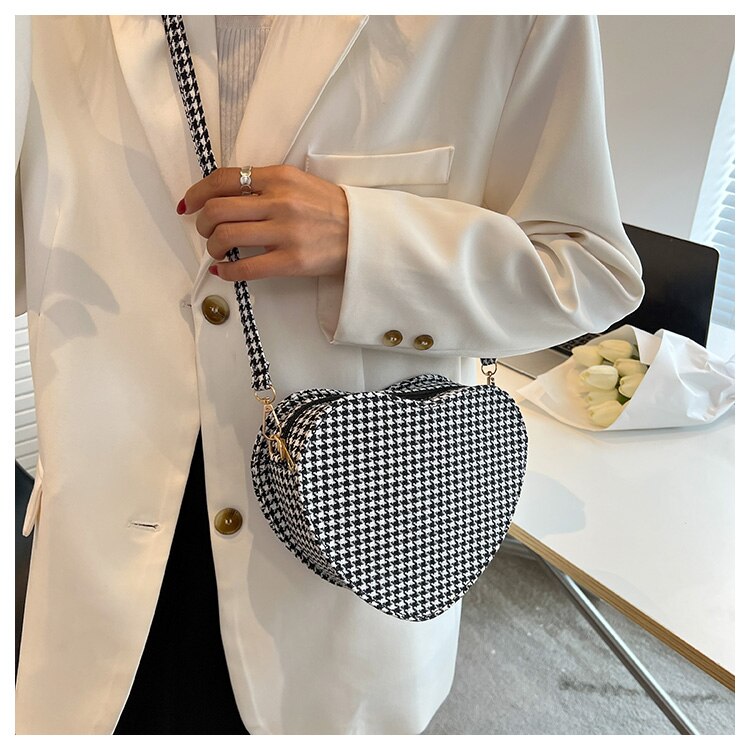 Cyflymder Lovely Heart Shaped Women's Shoulder Bags Fashion Houndstooth Ladies Small Messenger Bag Retro Design Female Purse Handbags