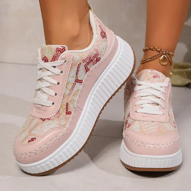 Cyflymder  Fashion Glitter Platform Sneakers Women Spring Lace Up Pink Sports Shoes Woman Plus Size 43 Thick Bottom Walking Shoes