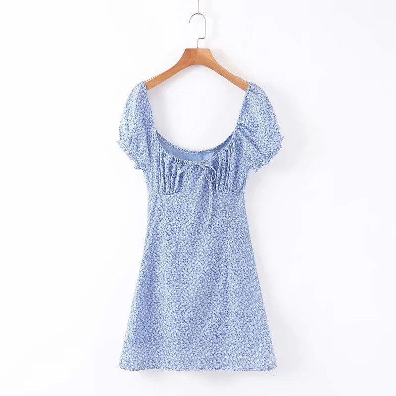 Cyflymder  Retro Blue Floral Print  Dr Sweet Front Bow Large Collar ort Sve Waist Cinched Street Sle Summer Dr for Women