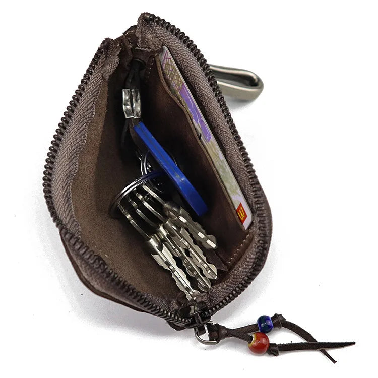 Cyflymder  Unisex Retro Real Leather Key Bag Zipper Card Bag Door Car for Men Women Key Holder Organizer Pouch Housekeeper Case