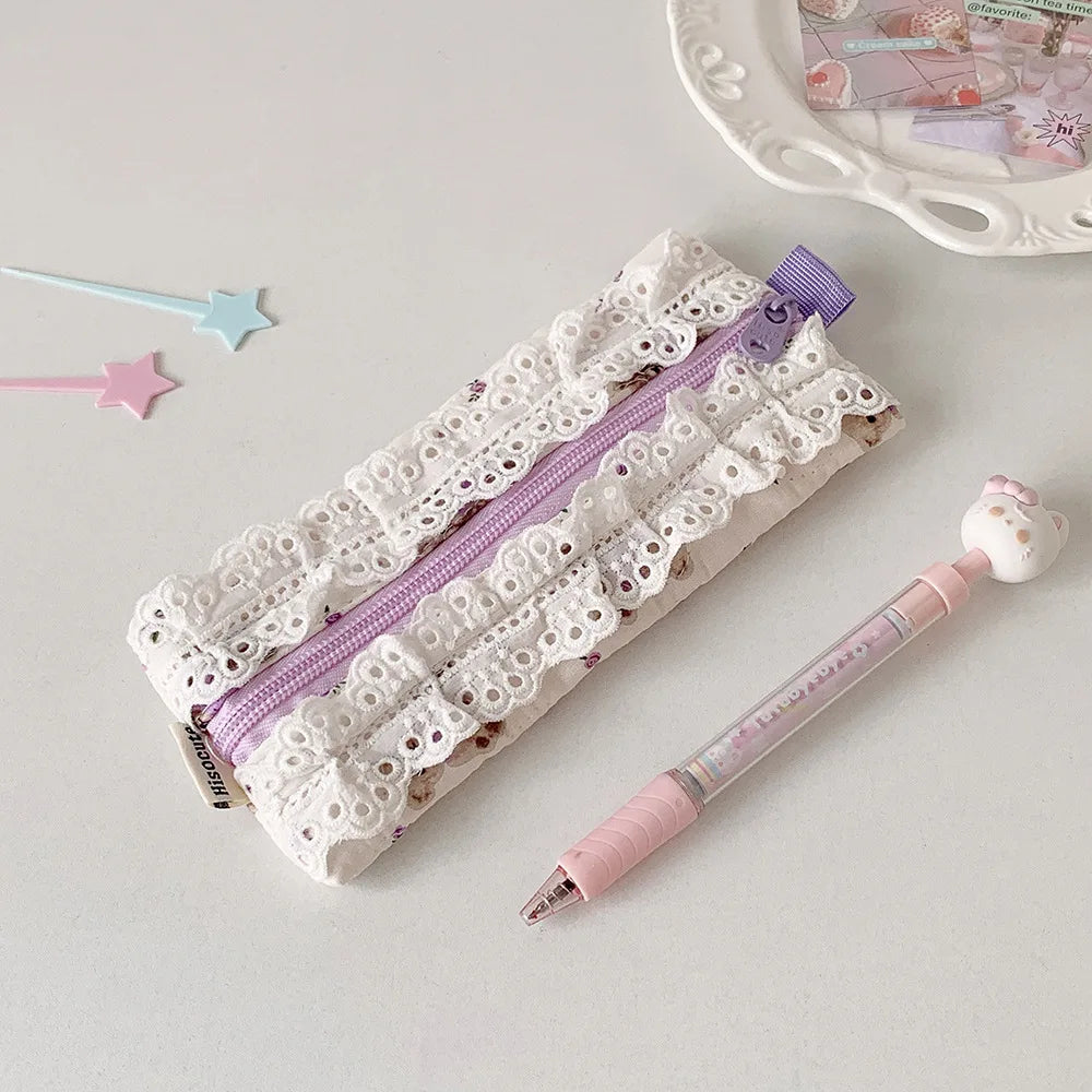 Cyflymder  Lace Pencil Case for Student Girl Ruffle Cute Korean Makeup Stationery Organizer Bag Portable Pouch Back To School Kawaii Gift