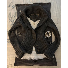 Cyflymder  Women Cropped Cable Knit Cardigan, Lapel Long‑Sleeve Button‑Up Vintage Dark Gray Short Sweater Outerwear