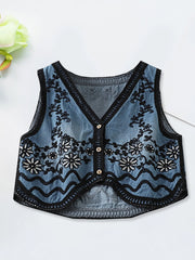 Cyflymder  Women s Floral Embroidered Sleeveless Denim Vest with V Neckline and Button Closure - Stylish Summer Tank Top Jean Jacket