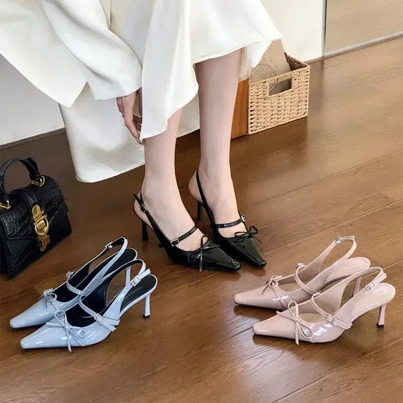 Cyflymder  Blue Patent Leather  Women Sexy Pointy Toe Bow Decorated Heeled Sandals Summer Elegant Slingbacks Dress  Pumps