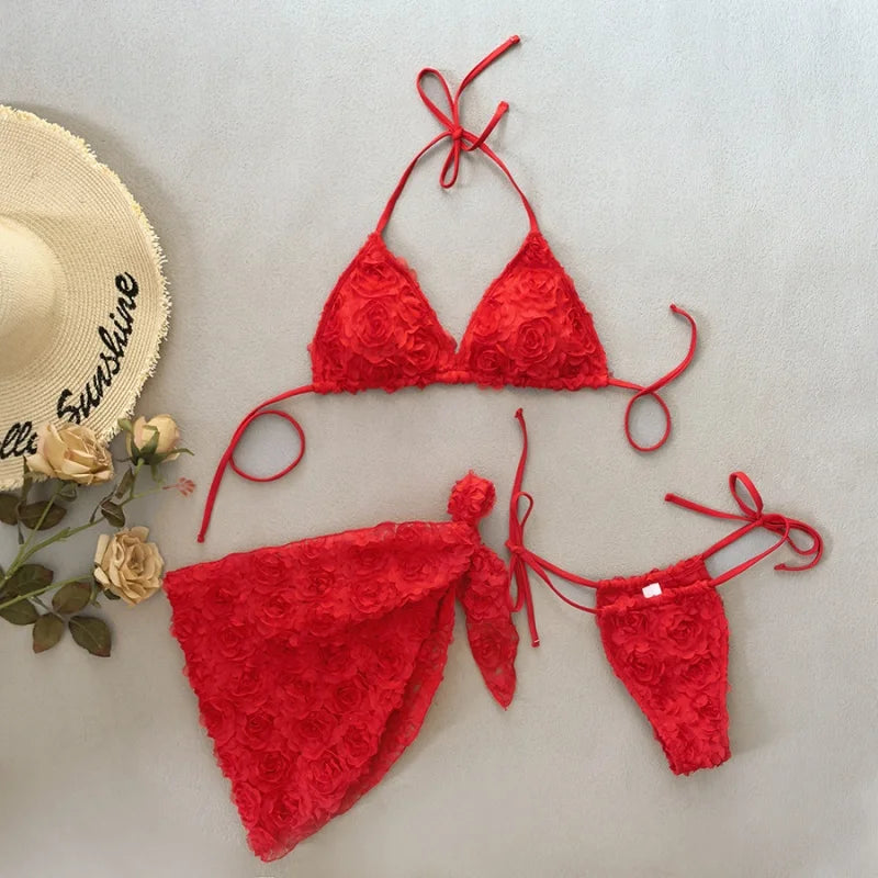 Cyflymder  Bikini Set Women 2 Piece Swimsuit Chic Floral Sexy Triangle Halter Micro Bikini Bandage Cover Up New Beachwear Bathing Suit