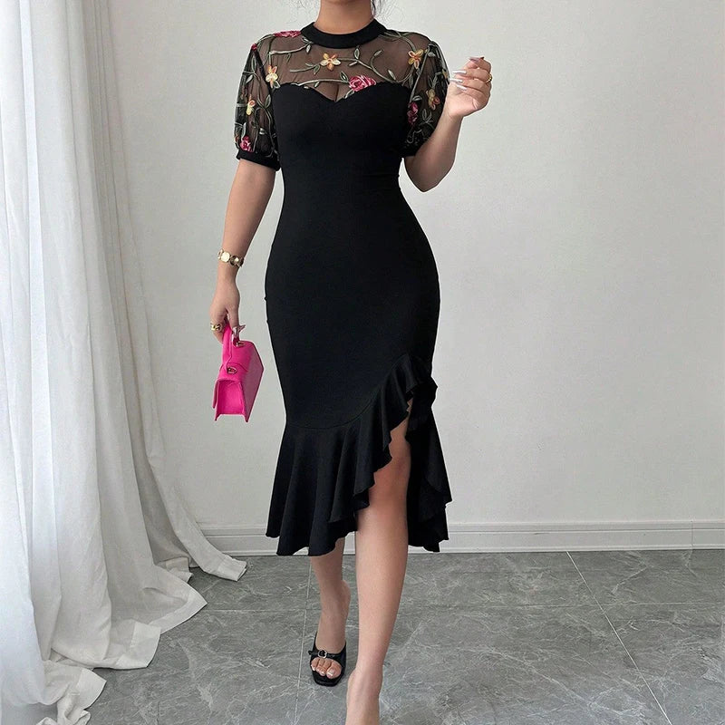 Cyflymder  Sexy Mesh Spliced Women Fishtail Dress 2025 Stylish Jacquard Irregular Hem Midi Vestidos Evening Party Female Black O-Neck Dress