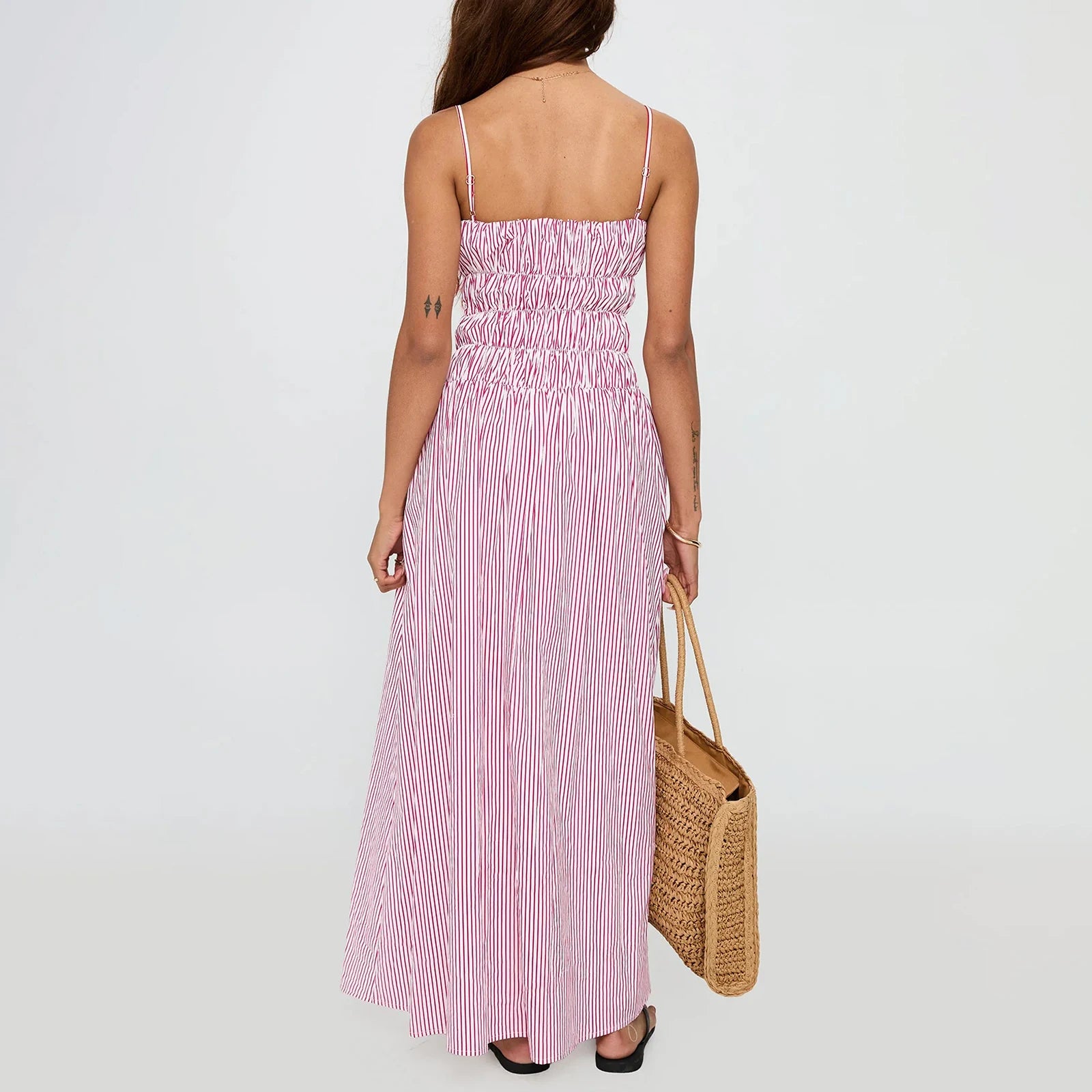 Cyflymder  Smocked Long Dress y2k Women Stripes/Floral Print Spaghetti Strap Sleeveless Dress Vacation Party Dresses Streetwear