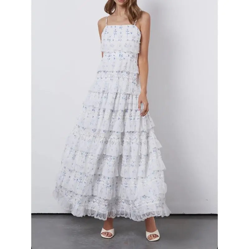 Cyflymder  Women Summer Adjustable Thin Shoulder Straps Sleeveless Square Neck Lace Patchwork Patchwoek A-line Cami Long Dress