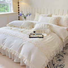 Cyflymder  Luxury Solid Color Bed Skirt Bedding Sets with Lace Silky Breathable Bedclothes for Home All Seasons Single Double Bedspread Kit