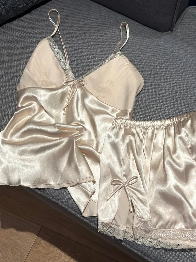 Cyflymder  French Summer Temperamen Lazy Have Chest Pad Two Piece Sets Y2k Aesthetic Spliced Lace Thin Soft Shot Tank Top Ice Silk Shorts