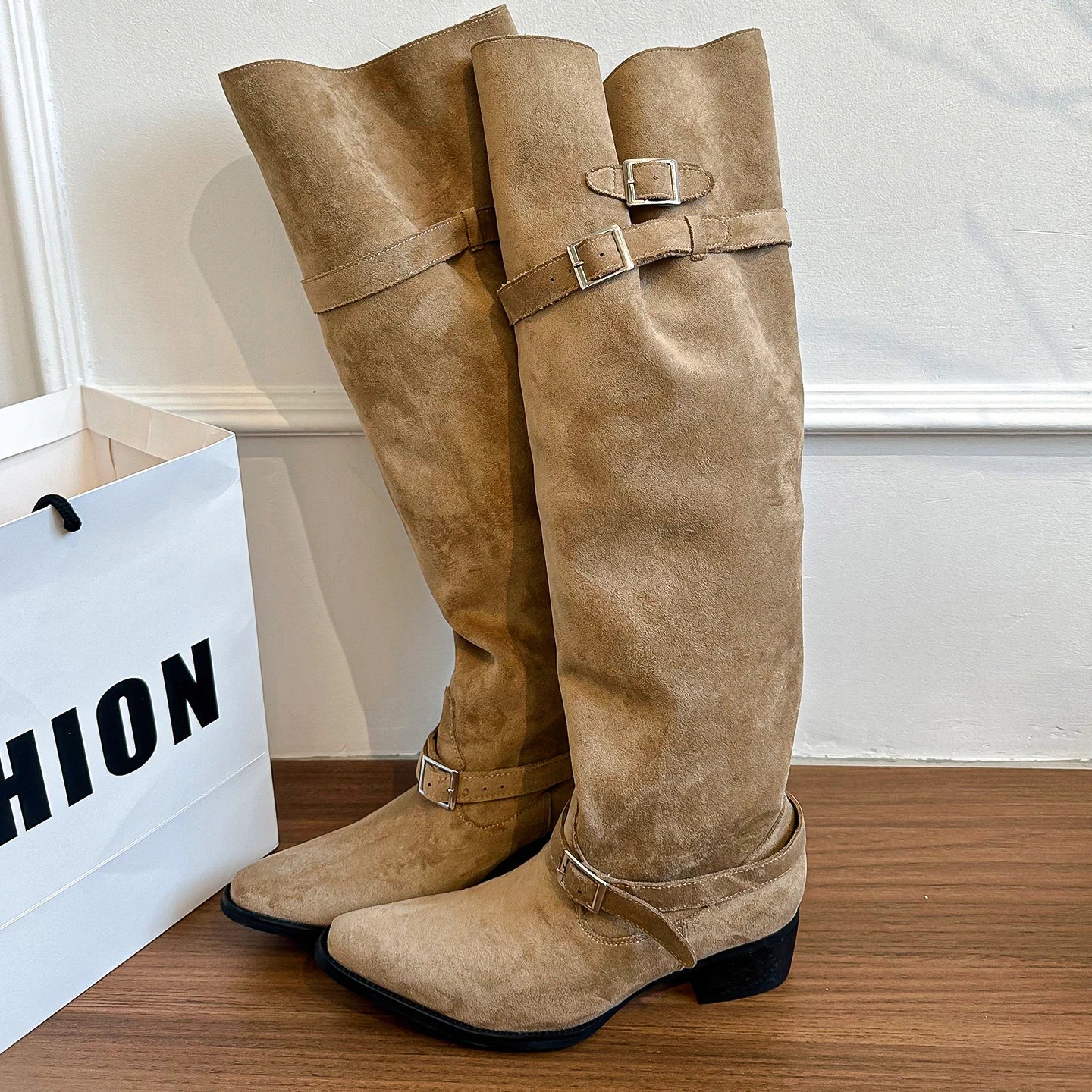 Cyflymder  Autumn Winter Pleated Women Knee High Boots Vintage Square Low Heels Shoes Female Belt Buckle Long Booties
