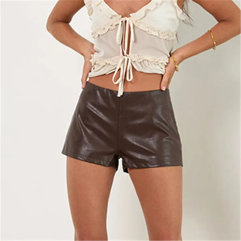 Cyflymder  Women Retro Low Waist Faux Leather Mini Shorts Solid Color Slim Skinny PU Short Pants Side Zipper Casual Daily Street Bottoms