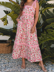 Cyflymder  Elegant Maternity Dress with Floral Print Lace Details Tie Shoulders Backless Design Tiered Ruffles and Pockets