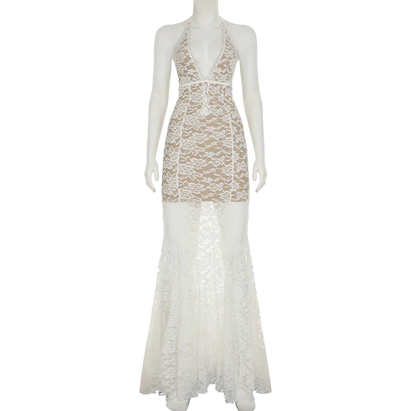 Cyflymder  Sexy Lace Halter Long Dress Hollow Long Backless Concert Women Dress Summer Vacation Bodycon Vestidos Grunge Fairycore