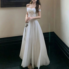 Cyflymder  Women Off Shoulder Sweetheart Tulle Maxi Dress Fashion Twist Backless Slash Neck Ruched A Line Gown Evening Party Long Dress New