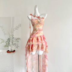 Cyflymder  Summer Women French Vintage Graduation Off Shoulder Dress Mini Chiffon Tie Dye Frock Evening Shoujo Girl One-Piece Party 2000s