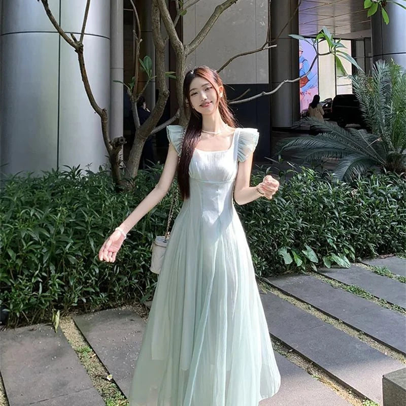 Cyflymder  Dresses Women Gradient Flying Sleeve Ruffles Bandage French Style Sweet Elegant Summer Fashion Dress Party Female