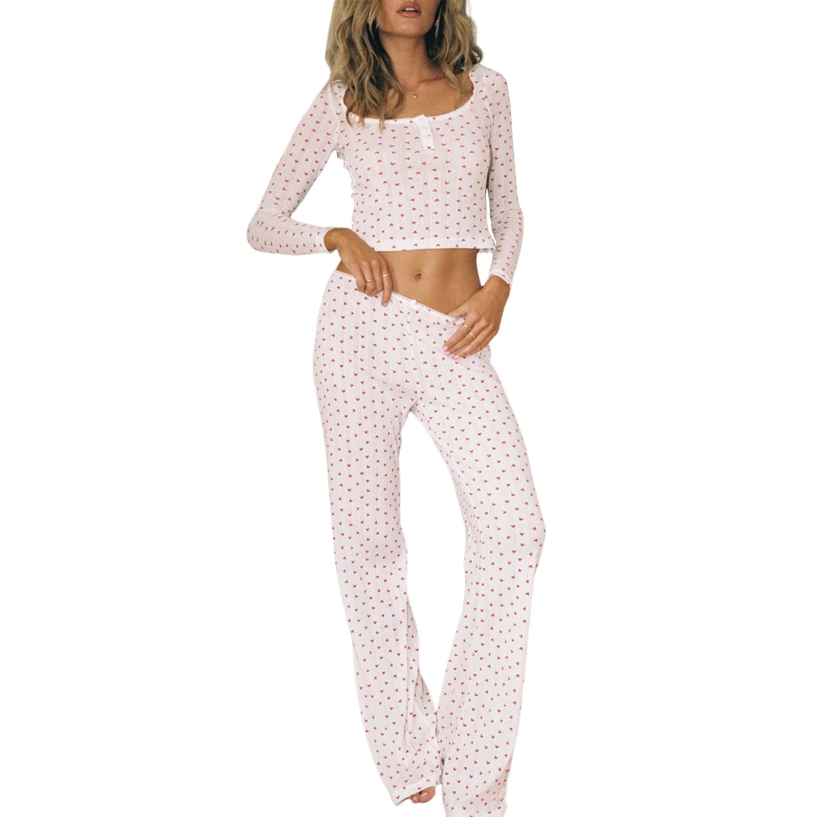 Cyflymder  Women s Pajama Set with Cute Heart and Bear Print Long Sleeve Crop Tops and Elastic Waist Long Pants 2 Piece Lounge Outfit