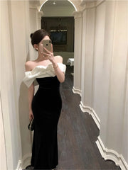 Cyflymder  Mermaid Dresses Women Sexy Slash Neck Off Shoulder Ruffles Patchwork Elegant Slim Evening Party Dress Female Backless Vintage