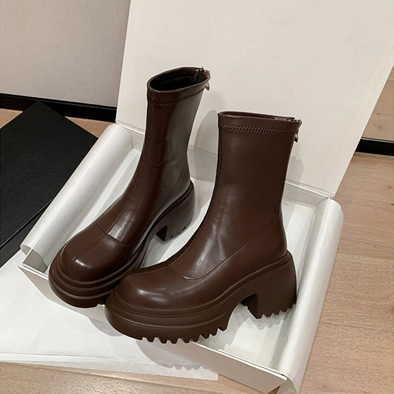 Cyflymder  Platform High Heel Women Ankle Boots Fashion Thick Bottom Elastic Slim Female Short Booties