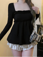 Cyflymder  Womens Long Sleeve Square Neck Babydoll Tops Bow Tie Shirred Ruffle Shirt Y2k Vintage Aesthetic T Shirt Slim Fit Blouse