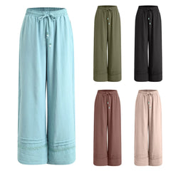 Cyflymder  Women's Lace Trimmed Casual Wide Leg Pants Lightweight Summer Loose Fit High Waisted Pants Vacation Straight Leg Trousers