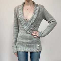 Cyflymder  Japanese Temperament Vintag Ev Neck Long Sleeve Women Sweaters Y2k Aesthetic Personality Buttons Clothes Punk Lazy Slim Pullover