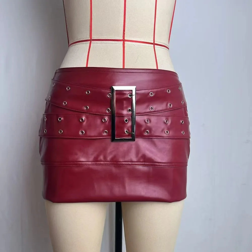 Cyflymder  Women's Punk Street Style PU Leather Mini Skirt Solid Color Metal Buckle Belt Detail Low Waist Slim Bodycon Party Clubwear