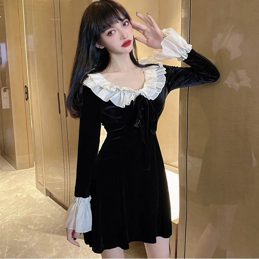 Cyflymder Christmas Red Dress Woman Autumn French Ruffle Velvet Splice Dress Ladies Flared Sleeve Bow Slim Party Mini Dress