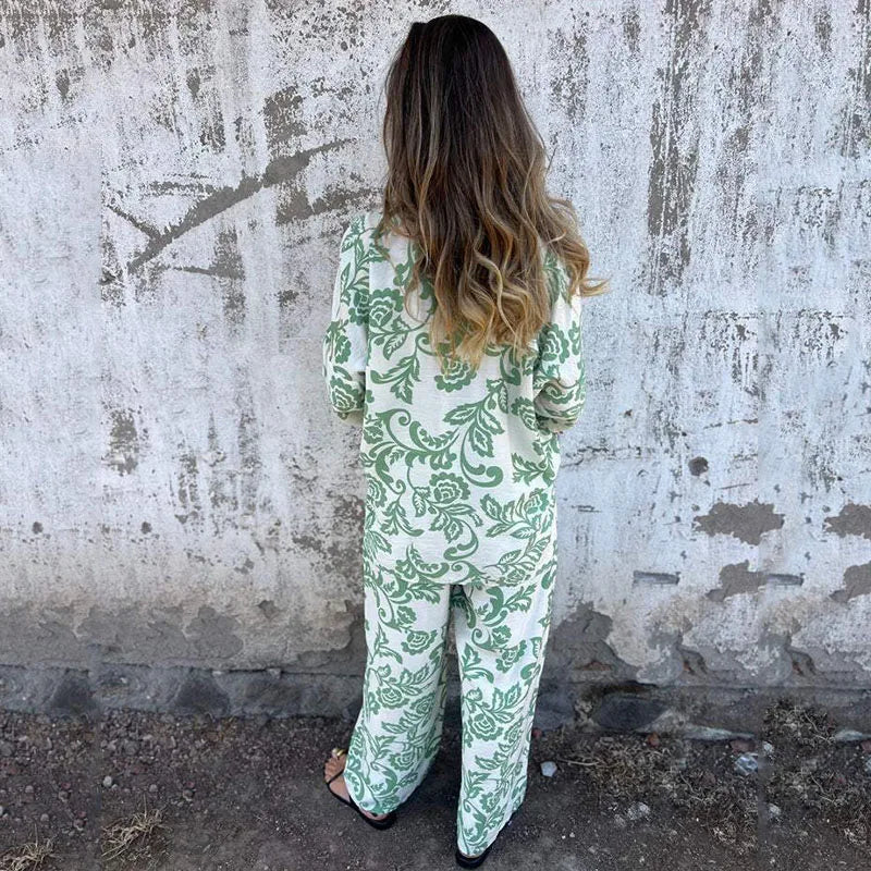 Cyflymder  Hot Sale Printed Women's Two Piece Sets Vintage Turndown Collar Long Sleeve Shirt Elastic High Waist Baggy Casual Pants