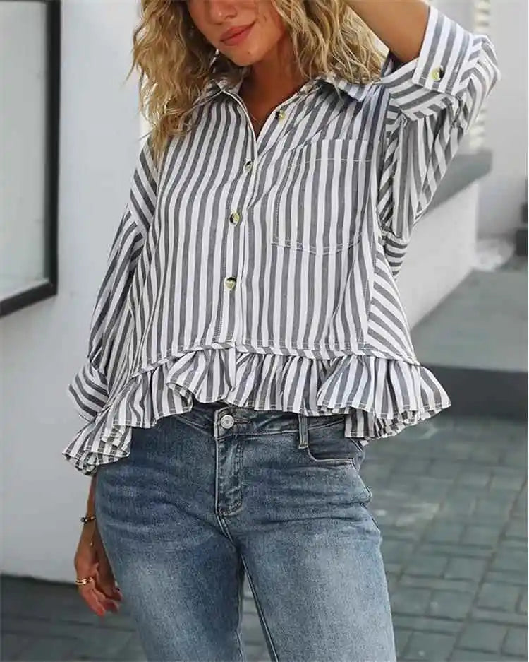 Cyflymder  Casual Stripe irt Women's Summer Top Button down ort Sve Gathered Hem Bubble Sve Polyester Fiber Commute Sleeve