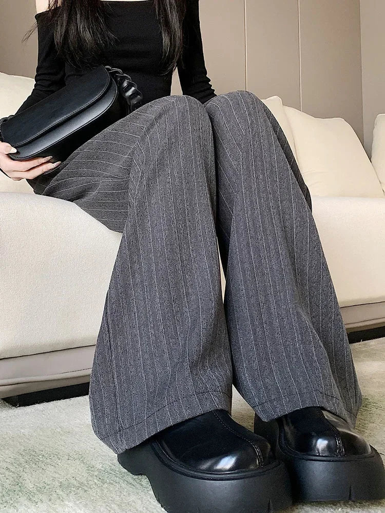 Cyflymder  Women Old Money Vintage 2000s Aesthetic Striped Wide Leg Straight Pants Pantalones Long Trousers Korean Baggy Design Office Lady