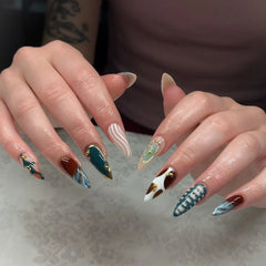 Cyflymder  24pcs y2k Retro Fake Nail Tips Sweet Cool Almond Press on Nails Wearable Wavy Striped Crocodile Pattern False Nails Patches