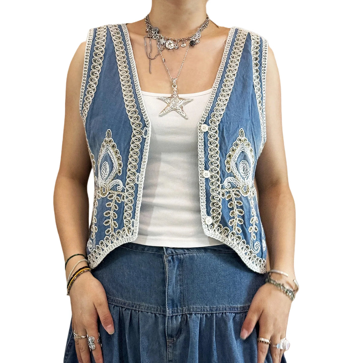 Cyflymder  Women s Floral Embroidered Sleeveless Denim Vest with V Neckline and Button Closure - Stylish Summer Tank Top Jean Jacket