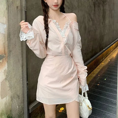 Cyflymder  Pink Long Sleeve Waist Mini Dress Women's Clothing Solid Color Spring Autumn Elegant Bag Hip Aura V-Neck Lace Patchwork Dresses