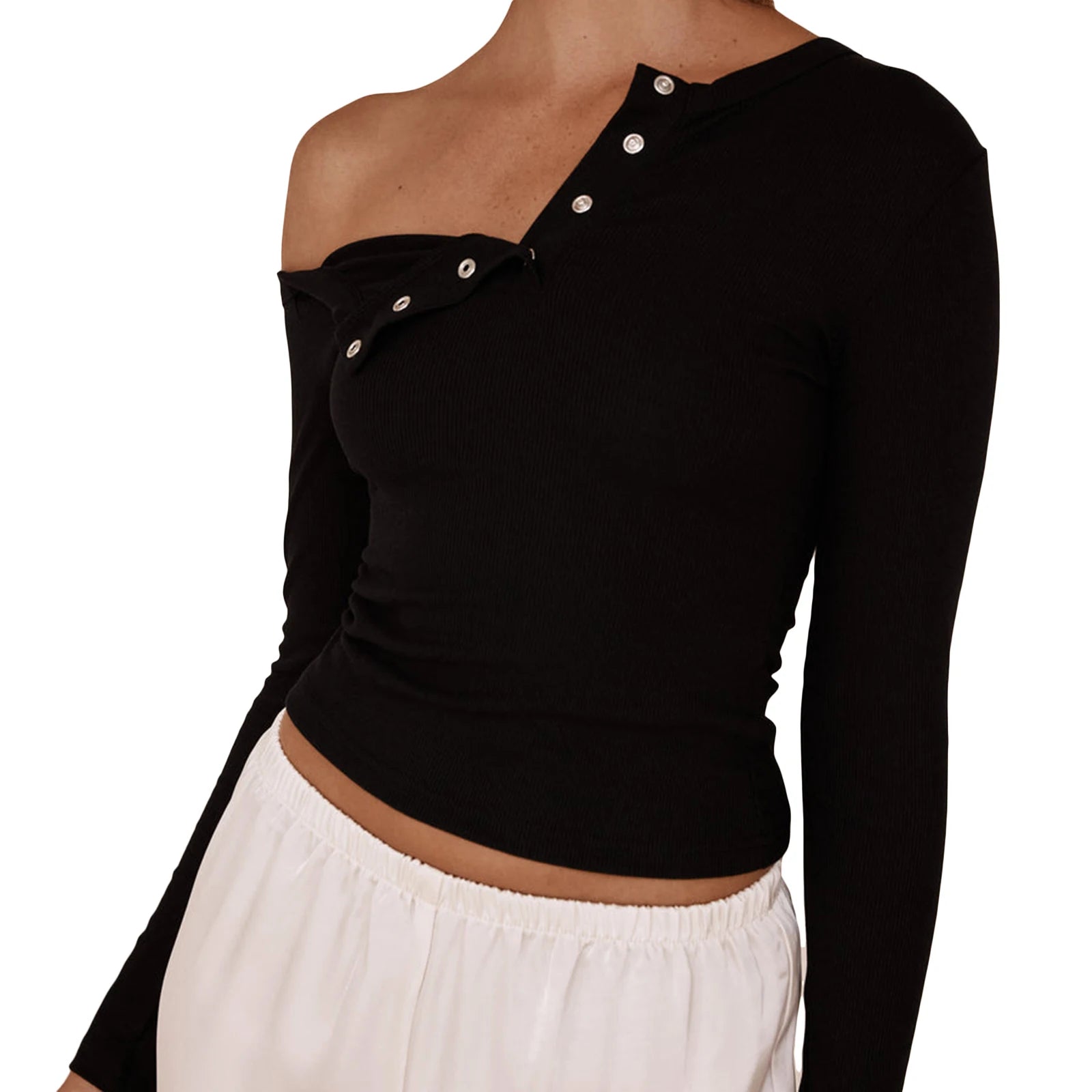Cyflymder  Solid Color Long Sleeve Basic T-Shirts Women Buttons Oblique Shoulder Casual Shirts Fall Slim Fit Crop Tops Streetwear