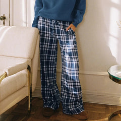 Cyflymder  Women Plaid Lounge Pants Fashionable Casual Loose Fit Drawstring Waist Wide Leg Pants Preppy Vintage Trousers
