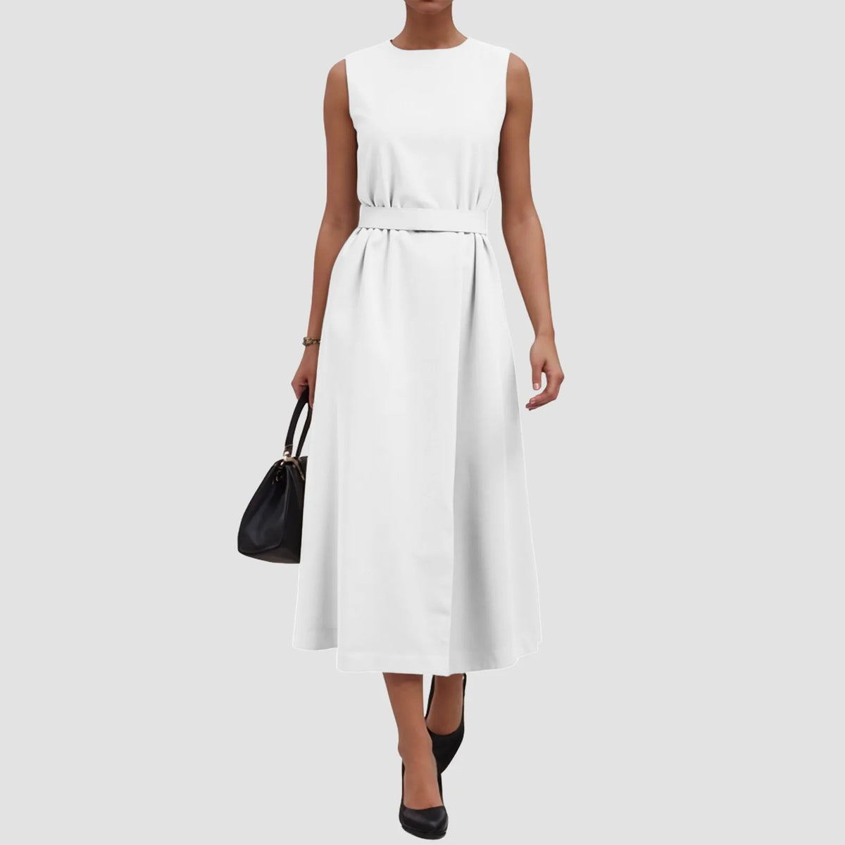Cyflymder  Women Elegant Sleeveless Long Dress Drawstring High Waist Crew Neck Casual Dress Office Lady Business Solid Color Party Dress