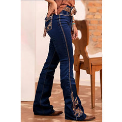 Cyflymder  [Classy Cowgirl Jeans] Women's High-waist Stretch Flare Jeans, Elegant Slim Fit, Embroidered Flora and Paisley Bell Bottoms