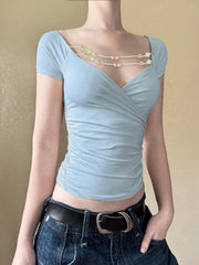 Cyflymder  Holiday Slim Folds Cropped T Shirt Casual Sexy Deep V-Neck Short Sleeve Tees Women 2025 Summer Fashion Streetwear Ladies
