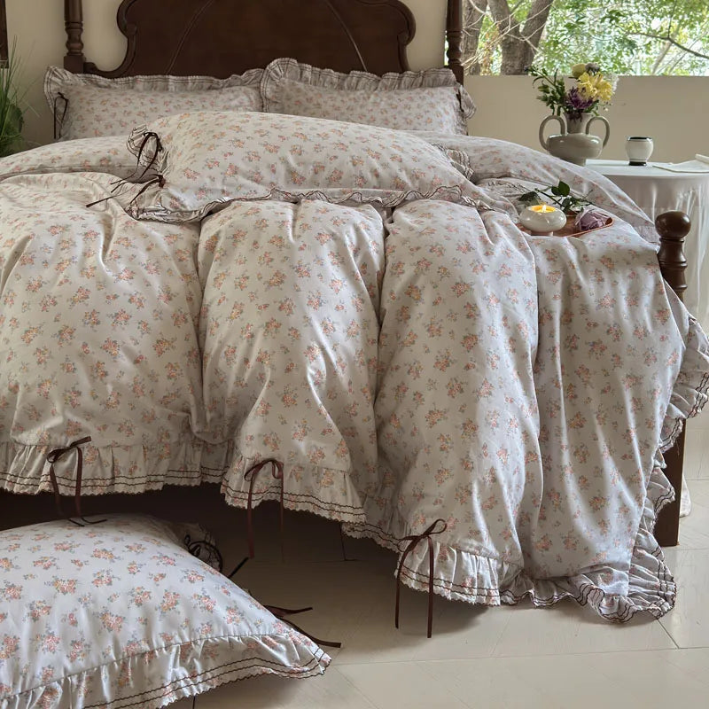 Cyflymder  100% Cotton Pastoral Floral Print Ruffles Bow Princess Bedding Set Queen King Duvet Cover Set Bed Sheet/Fitted Sheet Pillowcases