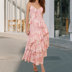 Cyflymder  Women s Floral Print Slip Dress Sleeveless Spaghetti Strap V-Neck Backless Tiered Ruffled A Line Dress