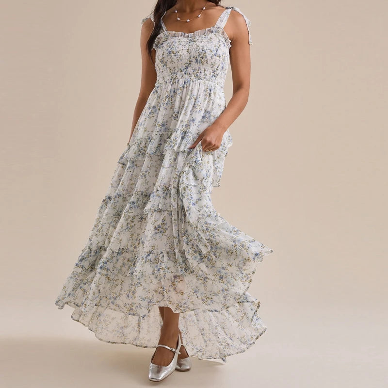 Cyflymder  Floral Tie Shoulder Maxi Dress for Women Y2k Spaghetti Strap Ruffles Flowy Long Dress Ladies Summer Boho Beach A-line Sundress