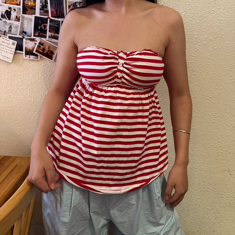 Cyflymder  Women Strapless Babydoll Tube Tops Coquette Off Shoulder Bandeau Peplum Vest 90s Vintage Striped Backless Crop Tops Going Out