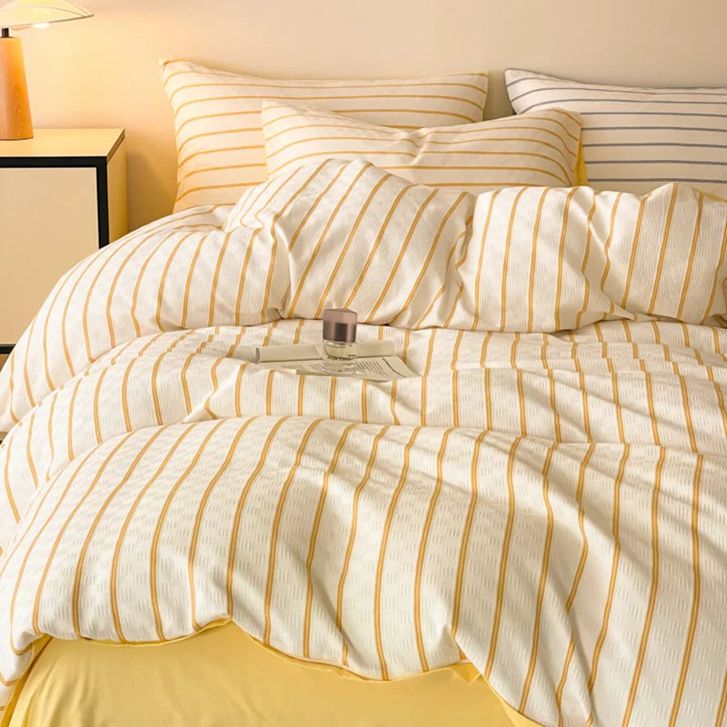 Cyflymder  60S Striped Pure Cotton Bedding Sets High-End Japanese Jacquard Quilt Cover Kit Skin-Friendly Home Textiles for Single Double