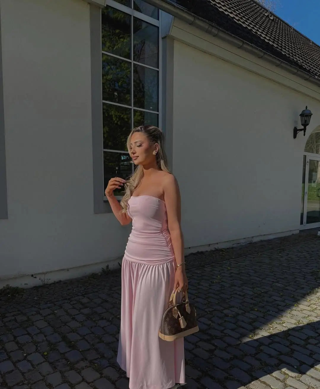 Cyflymder  Elegant Ruched Strapless Dress Women Sexy Pastel Pink Off Shoulder Side Zipper Midi Dress 2025 New Summer Party Evening Dresses