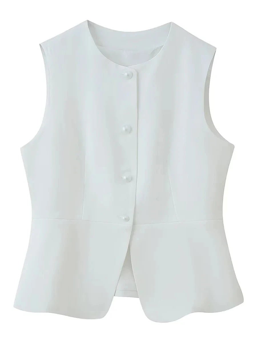 Cyflymder  Office Ruched Hem Tank Top for Women O Neck Sleeveless Patchwork Single Breasted Temperament Vest Female Fashion
